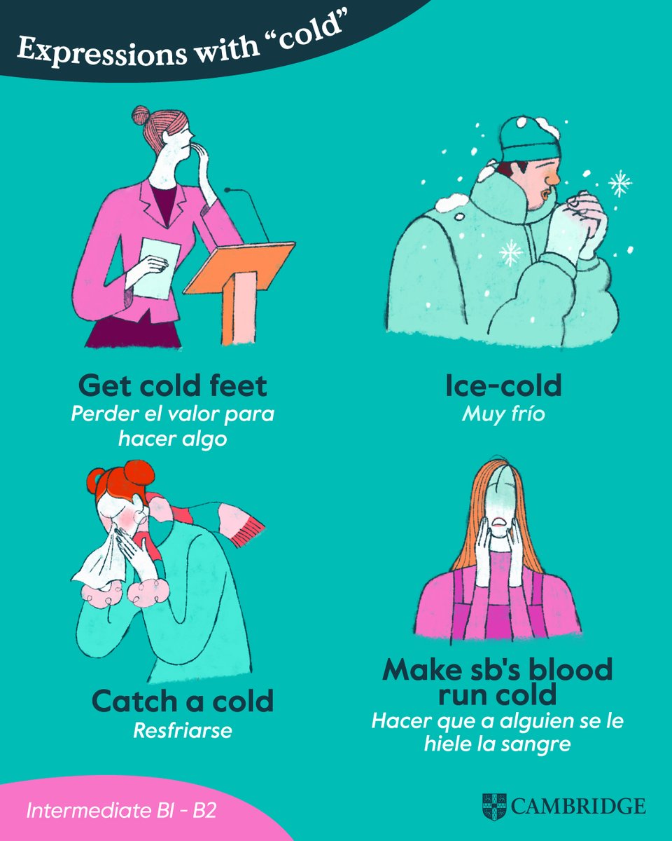 ¿Sabías que la palabra “cold” se puede utilizar en muchos contextos? ¡Te enseñamos algunos idioms que te dejarán helados! 🥶​

¿Quieres aprender algunos más? Entra en nuestro post del blog 👉 blog.cambridge.es/idioms-y-expre…  ​

#LearnEnglish #Vocabulary #coldweather #BlogCambridgeSpain
