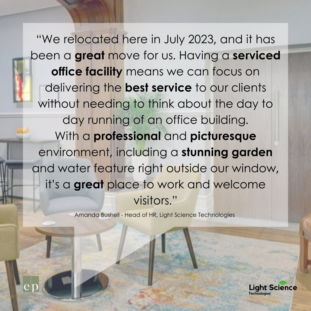 We're entering the new year with some more kind words from one of our tenants here at #EdnastonPark.

Thank you <a href="/LightScienceTec/">Light Science Technologies Holdings Plc</a>💫

Are you interested in having your own serviced office space?
Contact us on 01335 360000 or email us at hello@ednastonpark.co.uk to book a tour.