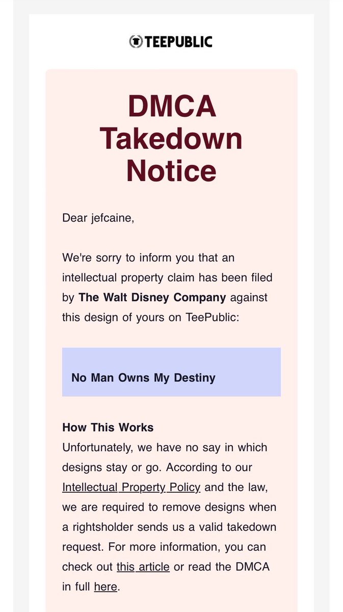 For anyone curious how the “Mickey Mouse in public domain thing” is playing out in practice, my pal <a href="/JefCaine/">Jef Caine</a> just got his Mickey shirt on <a href="/TeePublic/">TeePublic</a> slapped with a takedown notice from Disney: