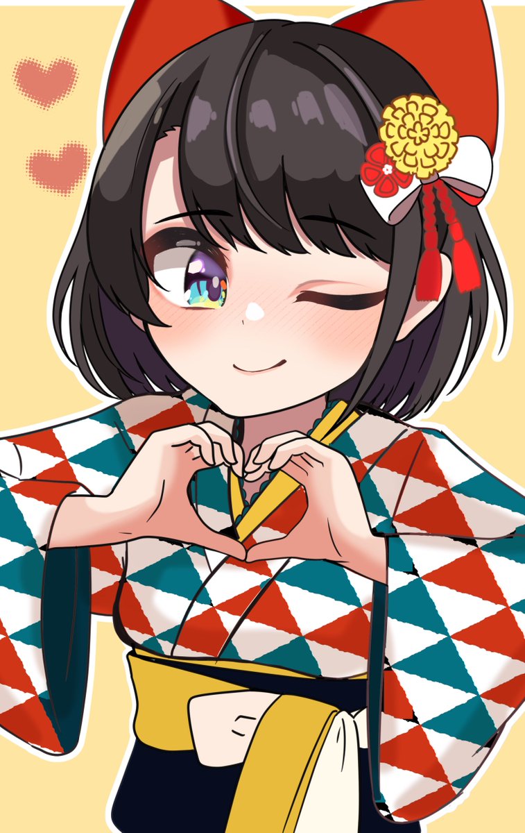 oozora subaru 1girl solo heart one eye closed short hair heart hands japanese clothes  illustration images