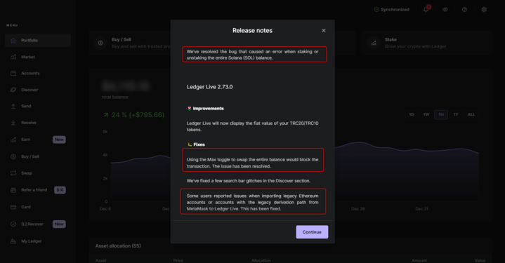 Ledger_Support's tweet image. 📢Hello Ledger fam! 📢

Ledger Live desktop v2.73.1 has been released and is gradually rolling out to all Ledger users. 🚀

This update fixes recent issues with #Solana $SOL staking in Ledger Live 🐞

Make sure to update! ⬆️

Learn more: 
support.ledger.com/hc/en-us/artic…