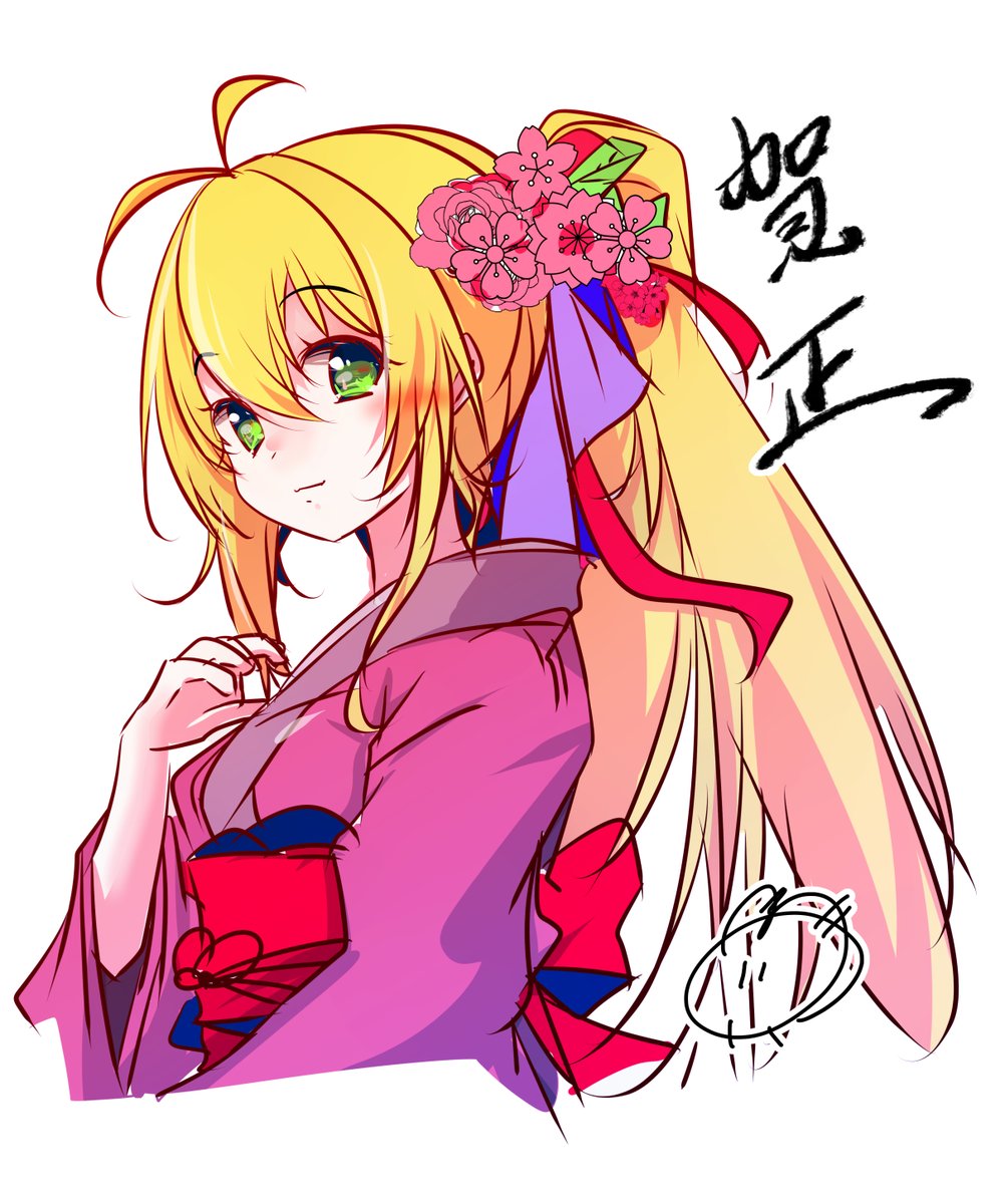 tsurumaki maki 1girl japanese clothes solo kimono blonde hair green eyes long hair  illustration images