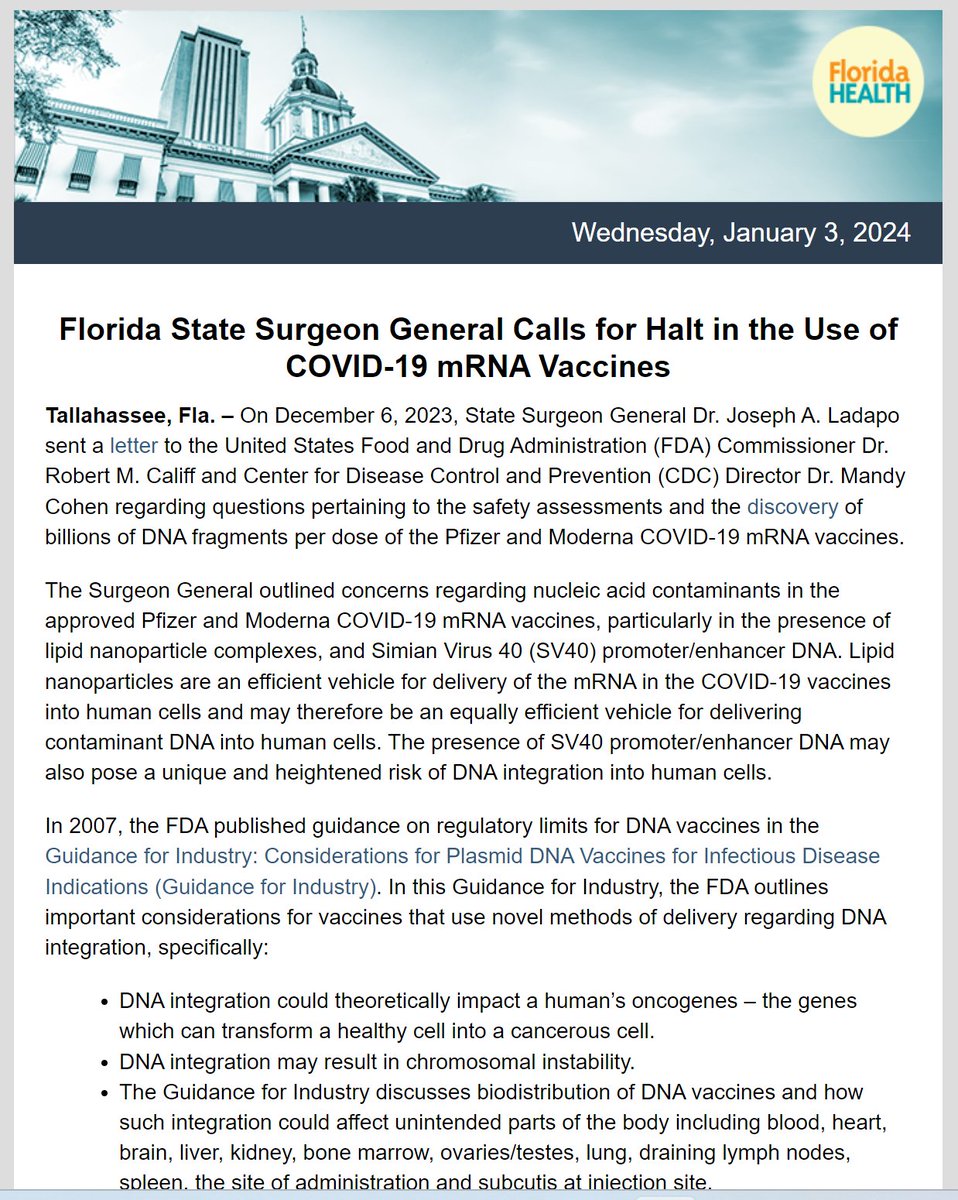 DoctoraPrego's tweet photo. El Cirujano General y secretario de salud del Estado de Florida, Dr. Joseph A. Ladapo, ha vuelto a plantear inquietudes significativas sobre la seguridad de las vacunas de ARNm COVID-19 de Pfizer y Moderna,  exponiendo el riesgo potencial de integración de ADN en células humanas, planteando inquietudes sobre la activación de oncogenes y la estabilidad cromosómica. Como preocupación adicional, el doctor Ladapo suscita cuestiones sobre la posibilidad de la presencia del promotor/enhancer del SV40 y que fragmentos de ADN se integren en células humanas, con potenciales consecuencias a nivel oncológico y de estabilidad cromosómica 

Ladapo hizo referencia a pautas de la FDA de 2007 sobre límites regulatorios para vacunas de ADN y destacó consideraciones importantes sobre la integración de ADN en humanos, abarcando órganos como sangre, corazón, cerebro, hígado, riñón, médula ósea, ovarios/testículos, pulmón, ganglios linfáticos... 

Estas preocupaciones plantean cuestiones muy importantes y destacan la importancia de la investigación continua para garantizar la salud a largo plazo.  Asimismo, debemos tener en cuenta todas estas cuestiones (hasta ahora descartadas por causa de la censura) sobre la seguridad y distribución de las vacunas de ARNm en cuestión.