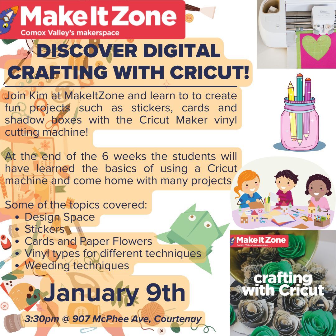 Join Kim at MakeItZone and learn to to create fun projects such as stickers, cards and shadow boxes with the Cricut Maker vinyl cutting machine! Book here: makeit.zone/event-details/…
