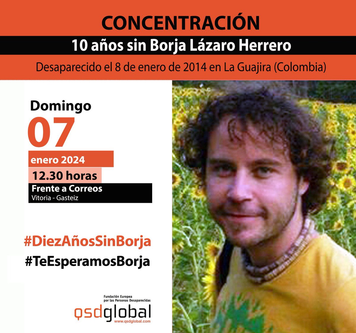 En Vitoria el domingo día 7 nos concentramos para recordar que Borja lleva desaparecido 10 años. Es necesario saber que paso, hay que seguir buscando e investigando.<a href="/ConsejeriaDDHH/">Consejería DDHH 🇨🇴</a>, <a href="/QSDglobal/">QSD desaparecidos</a>,<a href="/JAL_1966/">Joaquín de Arístegui Laborde 🇪🇦🇦🇷</a>, @interorgob.