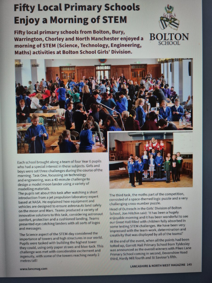 BoltonSch's tweet photo. This article on p.145 of the Feb edition of Lancashire & North West Magazine https://t.co/DB7umhHuYs reviews the day last term when 50+ local primary schools enjoyed a morning of STEM activities in the Girls' Division of @BoltonSch @BSGDoutreach #BSGDMaths #BSGDScience @BSGDDT https://t.co/LGGMkVQUHH