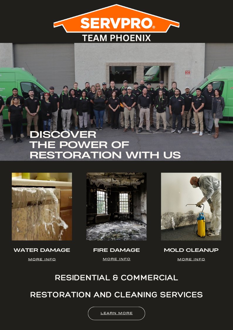 Water damage, mold, fire or smoke issues? SERVPRO of PHOENIX is a Residential and Commercial restoration company, that will fix your problems Like It Never Even Happened!

☎️(480) 503-2090

#restorationcompany #SERVPROTeamPhoenix #waterdamage #firerestoration #moldremediation