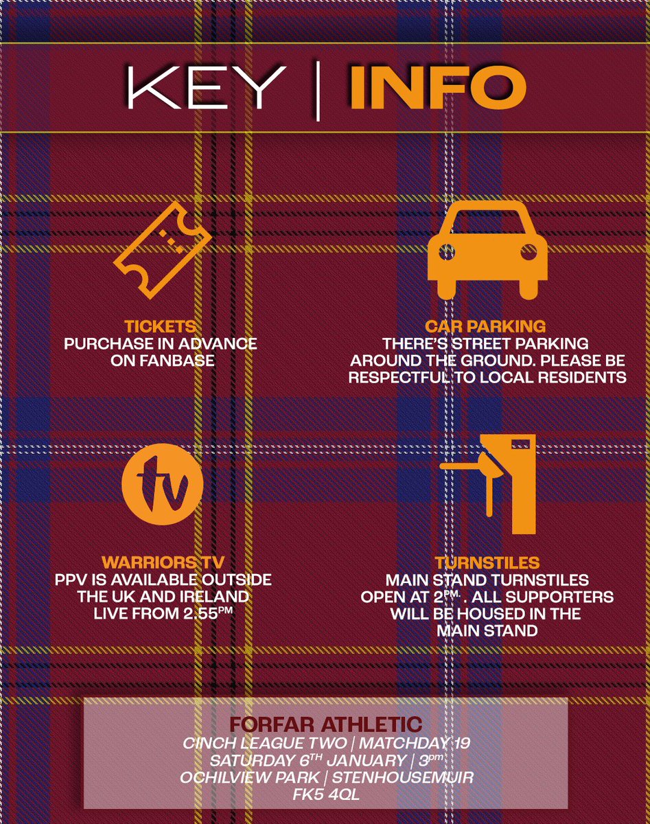 𝗞𝗘𝗬 𝗜𝗡𝗙𝗢 | 𝘃𝘀 <a href="/ForfarAthletic/">Forfar Athletic</a> 

Visiting <a href="/OchilviewPark/">Ochilview Park</a> tomorrow?

We've created a one-stop shop guide for anyone heading to the game tomorrow👇

ℹ️| tinyurl.com/SFC-Guide
🎟️| tinyurl.com/SFC-6Jan-Ticke…
🎥| tinyurl.com/SFC-6Jan-Warri…

#WeAreWarriors⚔️