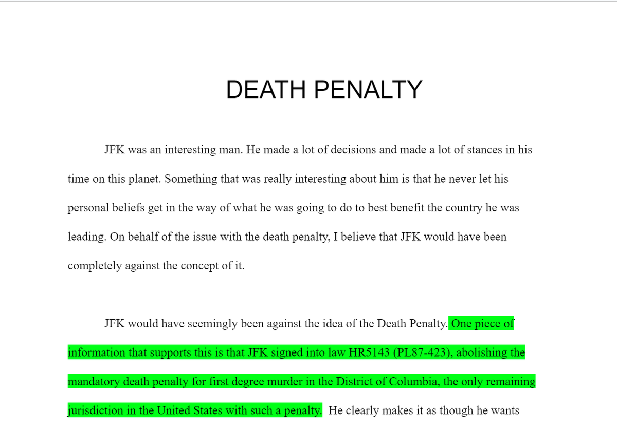 lilyraynyc's tweet image. Oh good, the #1 ranking for &quot;JFK death penalty&quot; is a short term paper seemingly written by some anonymous 5th grader in a Google Doc.

Hidden gem indeed.

h/t @MckKirk 

google.com/search?q=jfk+d…