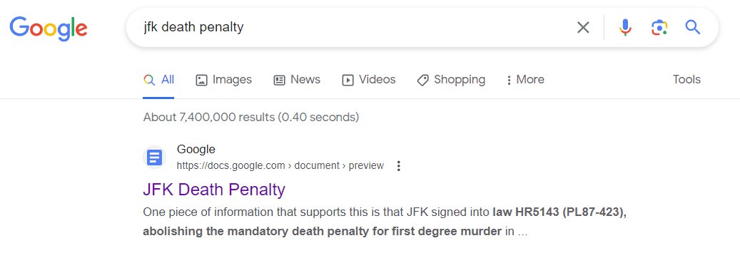 Lily Ray 😏 (@lilyraynyc) on Twitter photo Oh good, the #1 ranking for "JFK death penalty" is a short term paper seemingly written by some anonymous 5th grader in a Google Doc.
Hidden gem indeed.
h/t <a href="/MckKirk/">Kirk McKeand</a>
google.com/search?q=jfk+d… Oh good, the #1 ranking for "JFK death penalty" is a short term paper seemingly written by some anonymous 5th grader in a Google Doc.
Hidden gem indeed.
h/t <a href="/MckKirk/">Kirk McKeand</a>
google.com/search?q=jfk+d…