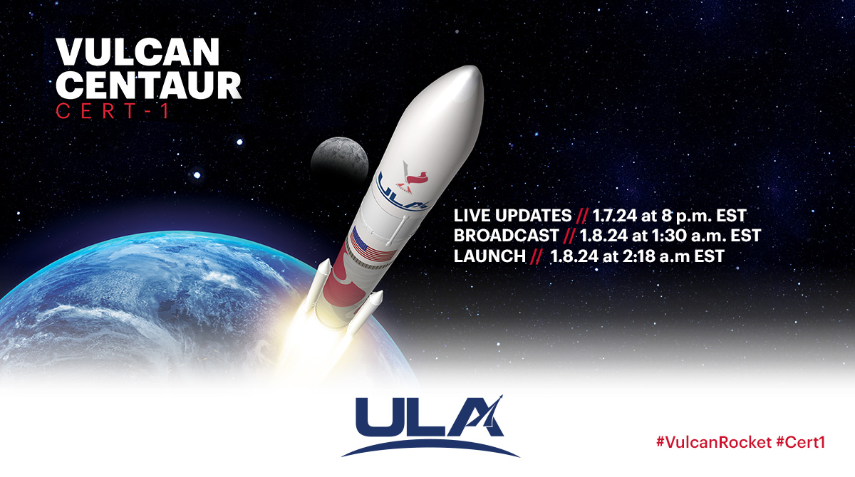 ulalaunch's tweet photo. The Launch Readiness Review is GO for Monday's launch of #VulcanRocket #Cert1 flight test carrying a commercial lunar lander. Launch time is 2:18amEST (0718 UTC) and weather is 85% GO. Updates and webcast: https://t.co/xFQoT0042V https://t.co/9aYApOhMMj