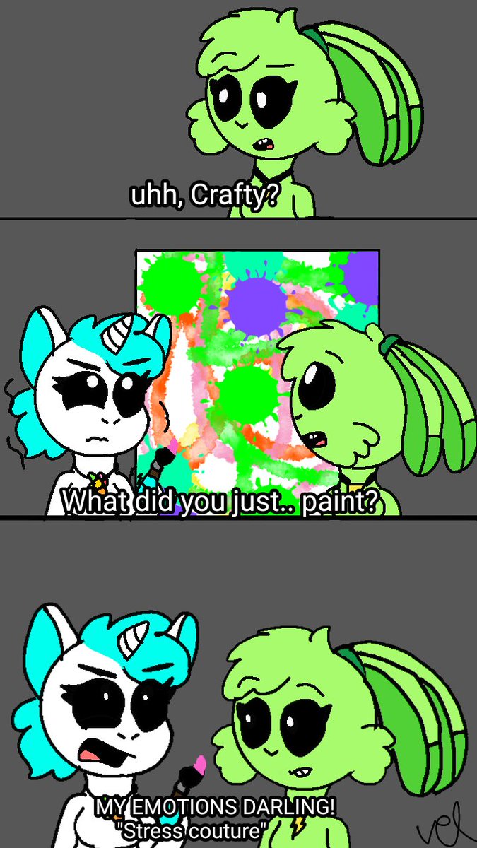 vallreykitten's tweet photo. Crafty has painted her stress.
I love this reference from MLP, it was so funny.
#CraftyCorn #HoppyHopscoth #SmilingCritters #Mlpreference https://t.co/azCHJSbUu5