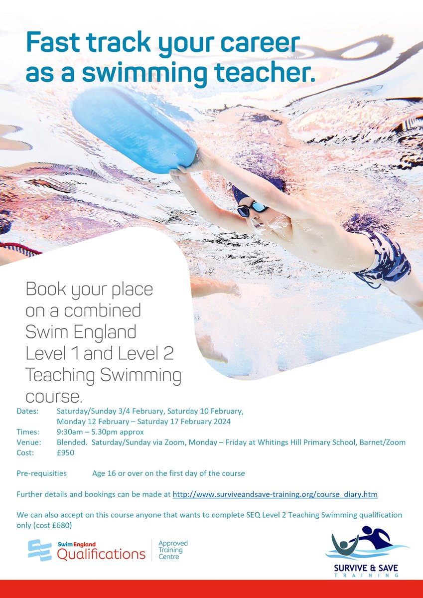surviveandsave's tweet photo. Start 2024 by taking an SEQ Combined Level 1 Swimming Assistant and Level 2 teaching Swimming course.
Your route to a rewarding career as a fully qualified swimming teacher.
Full details and booking at https://t.co/ilDYGrMXKf
#sequalifications #teachingswimming #barnet https://t.co/7IfKOJCHJM