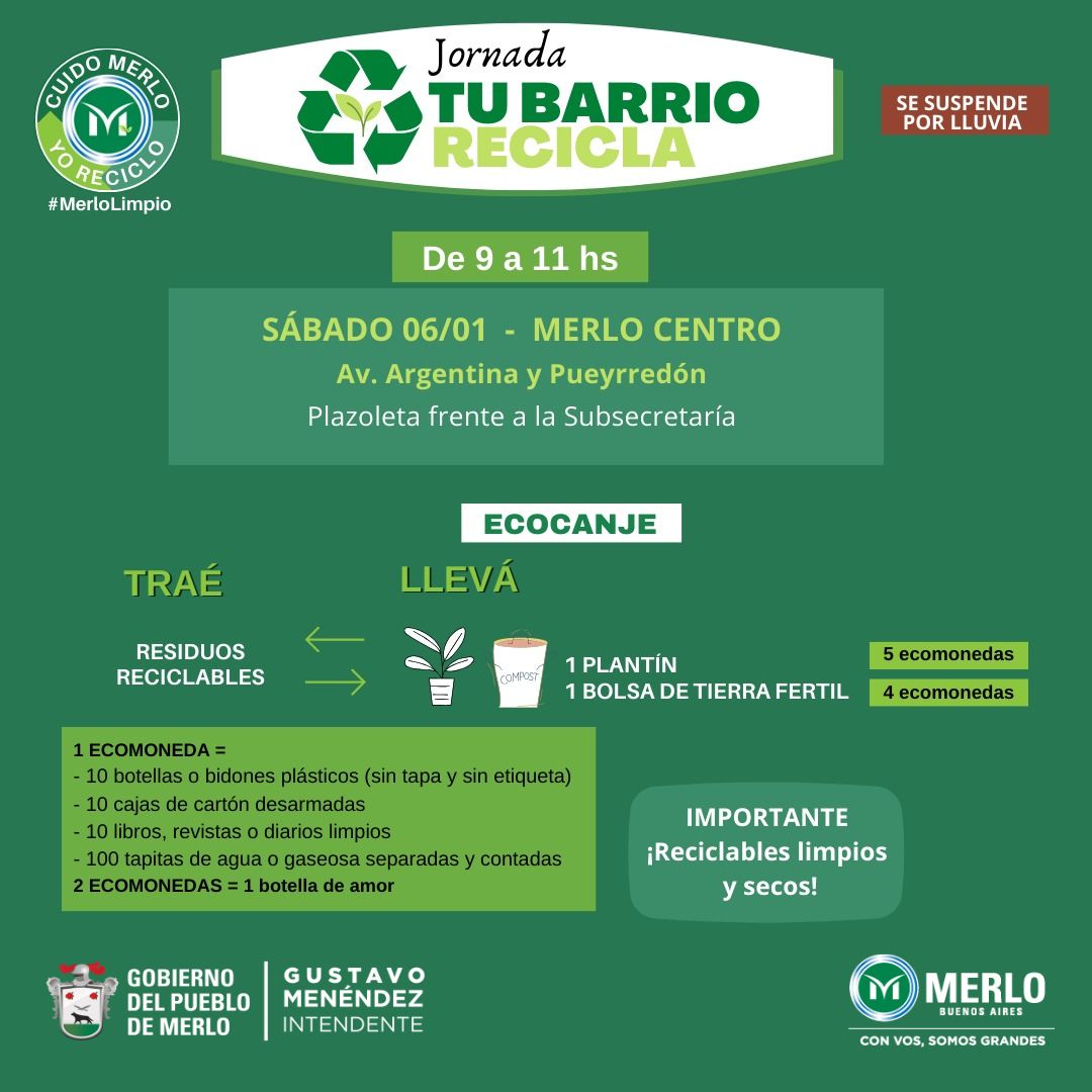 MerloGob's tweet photo. La Secretaría de #Delegaciones de #Merlo te invita a sumarte al programa "Tu Barrio #Recicla"
📅Sábado 6/1
🕐de 9 a 11 hs
📌Av. Argentina y Pueyrredón #MerloCentro
♻️Llevá tus reciclables separados, limpios y secos
🔗https://t.co/c2jZSddN2V
#MerloGob
#GustavoMenendezIntendente https://t.co/QcXdMf2c7v