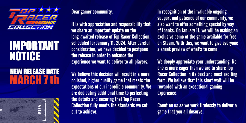 qubytegames's tweet image. An update on the Top Racer Collection release date:

#TopRacerCollection