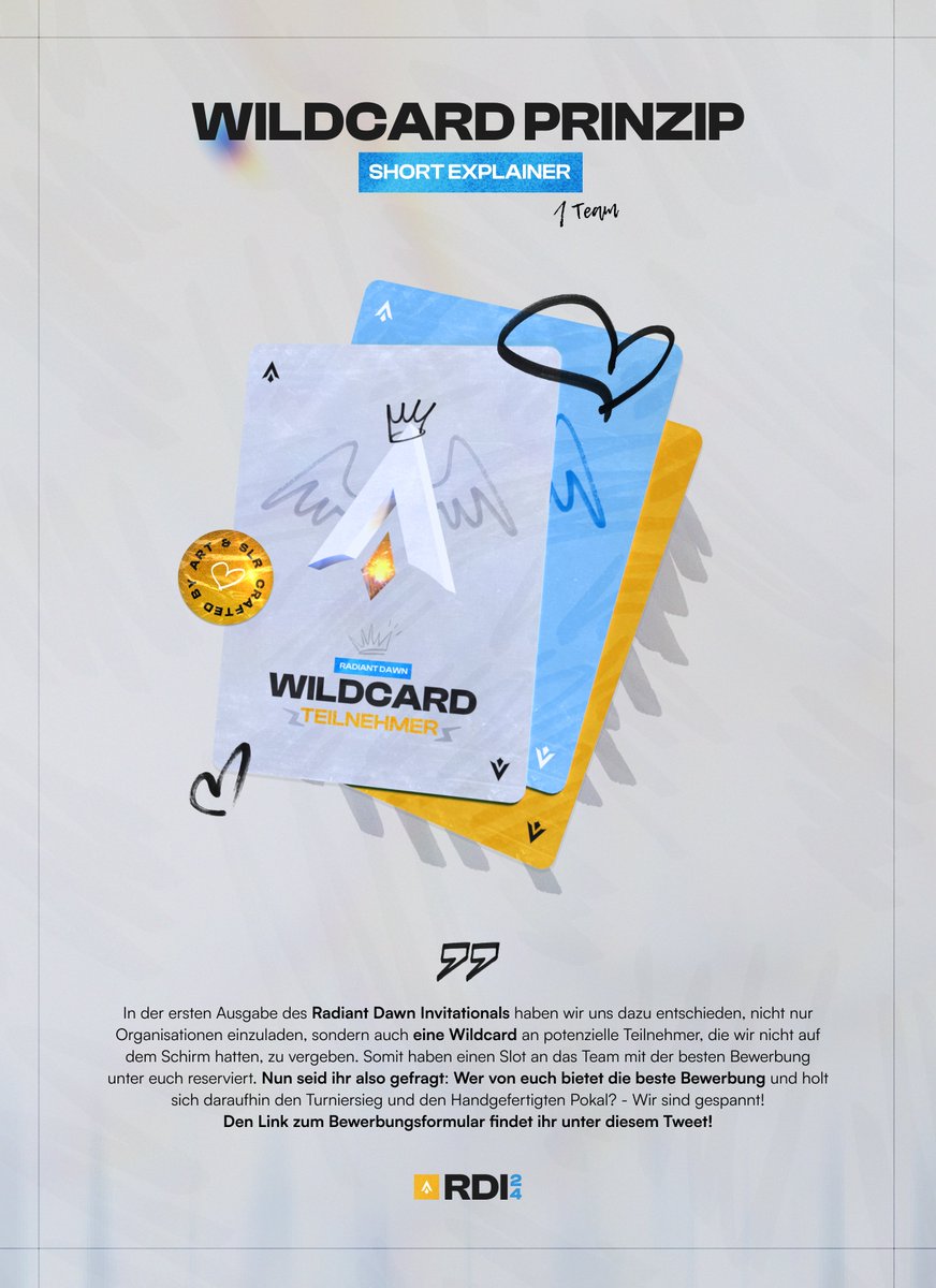 RDI_LOL24's tweet photo. 🔹#WILDCARD🔹

Zusätzlich zu den bereits versandten Einladungen an einige, ausgewählte Teams der Szene, wollen wir gerne noch JEDEM von euch die Möglichkeit bieten auch teilzunehmen:

Bewerbt euch gerne mit eurem Team/eurer Orga auf unseren Wildcard-Slot über das Formular und sichert euch den begehrten Wildcard-Slot!🤩

🔗https://t.co/CUAh0beeHe

Wir melden uns dann bis zum 15.01.2024 bei dem Team(s) mit der überzeugendsten Bewerbung, wir freuen uns auf eure Teilnahme!

Doch auch, wenn es beim ersten Anlauf für euch nicht genügen sollte eine Teilnahme zu ergattern, werden wir bei einer potenziellen, zweiten Ausgabe des Formats sicherlich auf die Liste zurückgreifen und erneut auf euch zukommen!😉💙

#RadiantDawn🌠• #RDI24⚔️