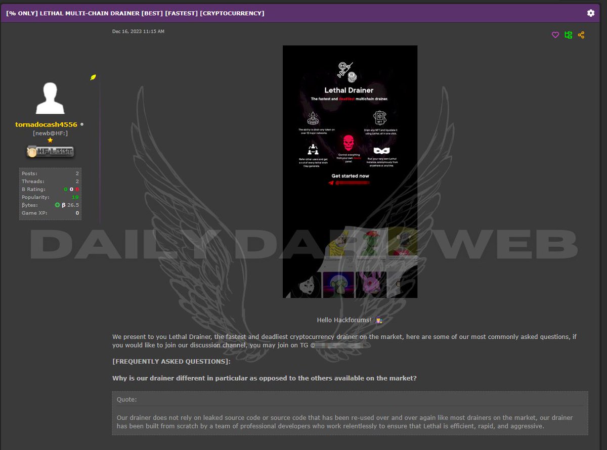 Lethal Drainer is announced It is claimed to be the fastest and deadliest  cryptocurrency drainer on the market. You can drain any token on over 12  major networks and any NFT. #DarkWeb