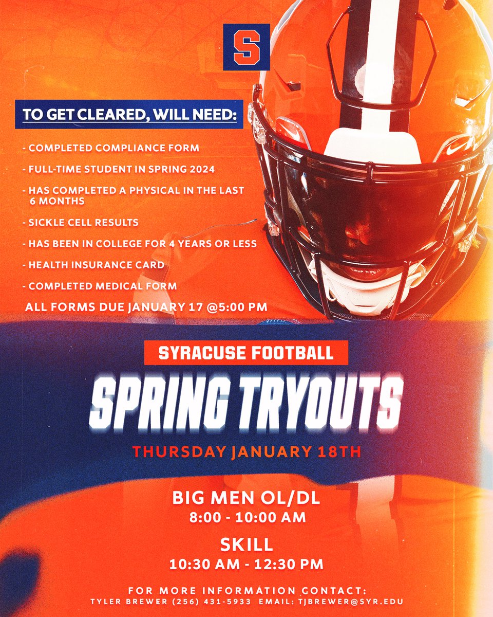 Walk-On ➡️ Hall of Fame Looking for the next Jim Brown! Come be a part of something special and be ready to work! Spring Tryouts are January 18, 2024! 🍊 #Commit2Cuse 🎯