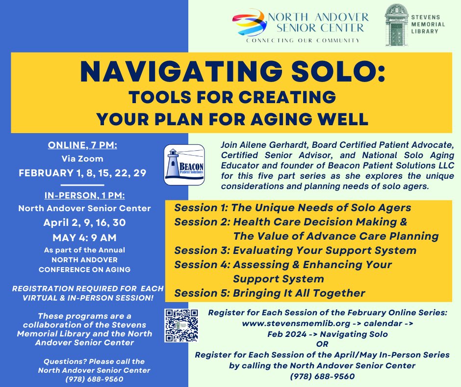 Preparing for life’s later stages means tackling issues such as finances and estate planning, health care and future housing needs, as well as anticipating health decline and creating end-of-life directives.

Join us virtually or in-person for the tools you need to age well.