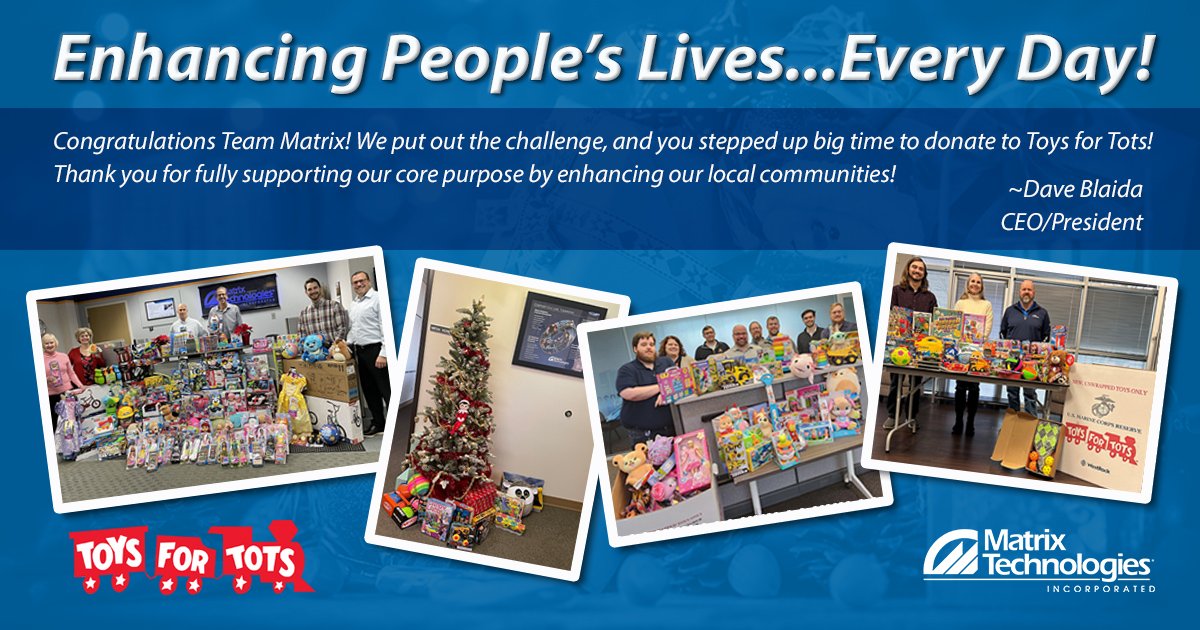 MatrixTechInc's tweet photo. Matrix donated over $9,000 worth of toys to Toys for Tots. Thank you for supporting our core purpose by enhancing our local communities! 
#ToysforTots #MatrixTech #HappyNewYear https://t.co/RPNdoaLXsr