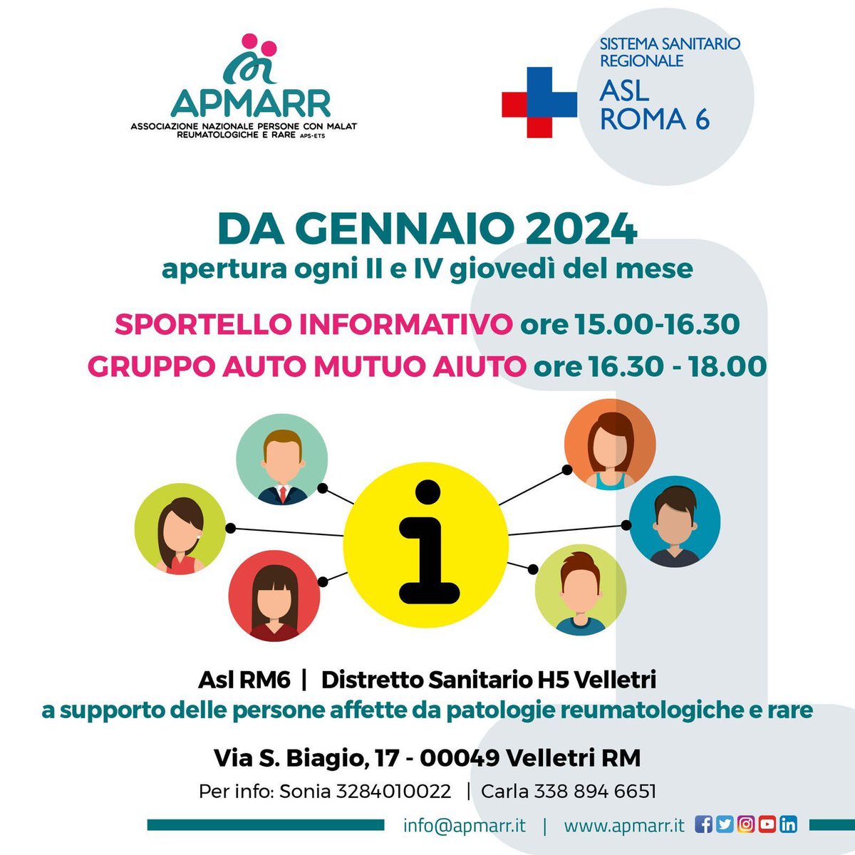 Siamo felici di informare che a Velletri (Roma) da gennaio 2024 ogni secondo e quarto giovedì pomeriggio del mese saranno aperti uno sportello informativo di APMARR e un gruppo auto mutuo aiuto

Trovate i dettagli in locandina, per info:
Sonia 👉328 4010022
Carla 👉338 8946651