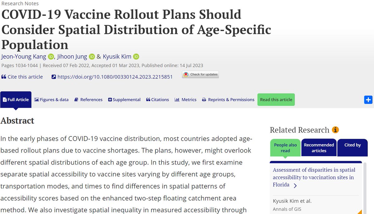 How does age affect spatial accessibility to COVID-19 vaccine sites? Kang et al found that different age groups have different levels of accessibility depending on location, transportation, time, and propose a method to measure and compare accessibility. bit.ly/41PNqrO