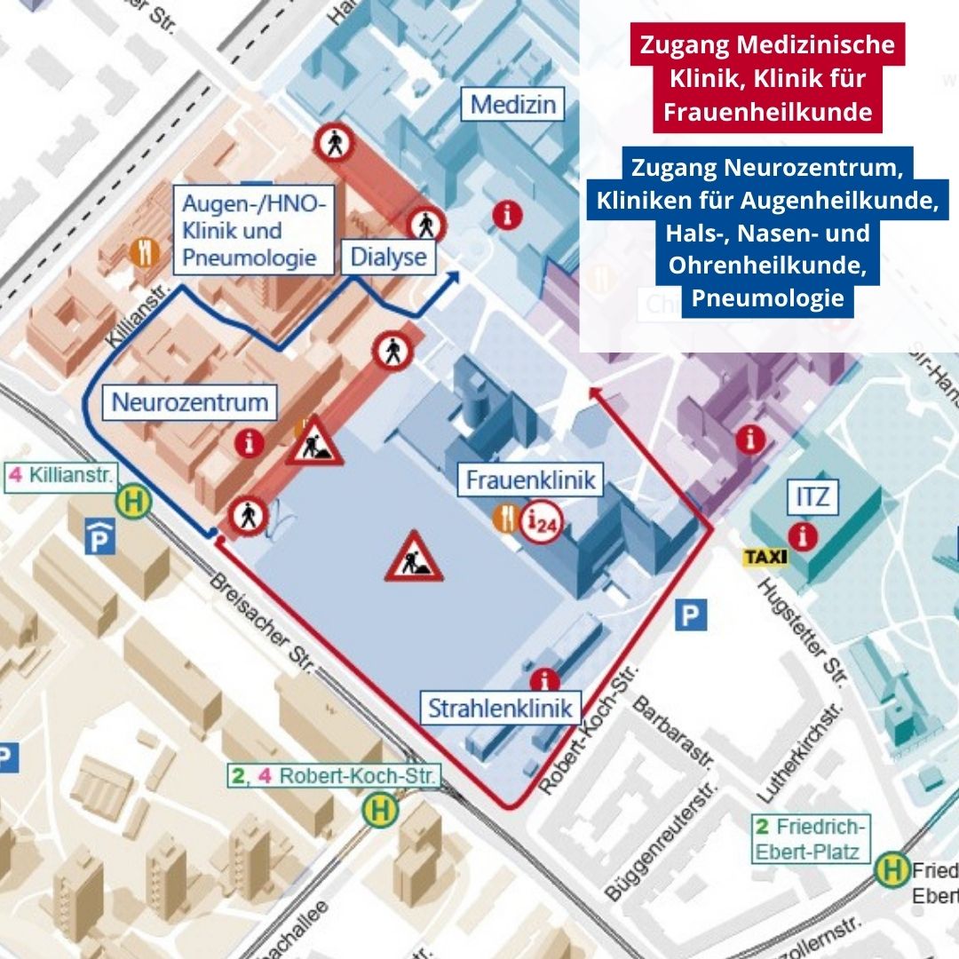 Bauarbeiten an der @Uniklinik_Fr: Ab Montag, 8.01. ist der Zugang zum #Zentralklinikum über die Breisacher Straße zwischen dem #Neurozentrum und dem Neubau der #Kinder- und Jugendklinik gesperrt.Die geänderte Wegeführung ist vor Ort ausgeschildert. Mehr: t1p.de/f9h99