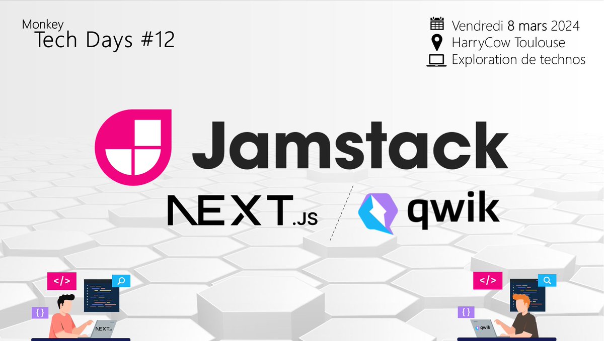 📢 Expérimentons #Nextjs ou #Qwik
📆 Vendredi 8 mars
➡️ infos et inscription MeetUp : meetup.com/monkeytechdays…
🧑‍💻 Coachs : <a href="/Wykks/">Guillaume de Jabrun</a> &amp; <a href="/benoit_elamrani/">Benoit El Amrani</a>

📍 Présentiel chez @HarryCoworking à Toulouse
#MKTD12 #techAddict #Jamstack #development #FrontEnd