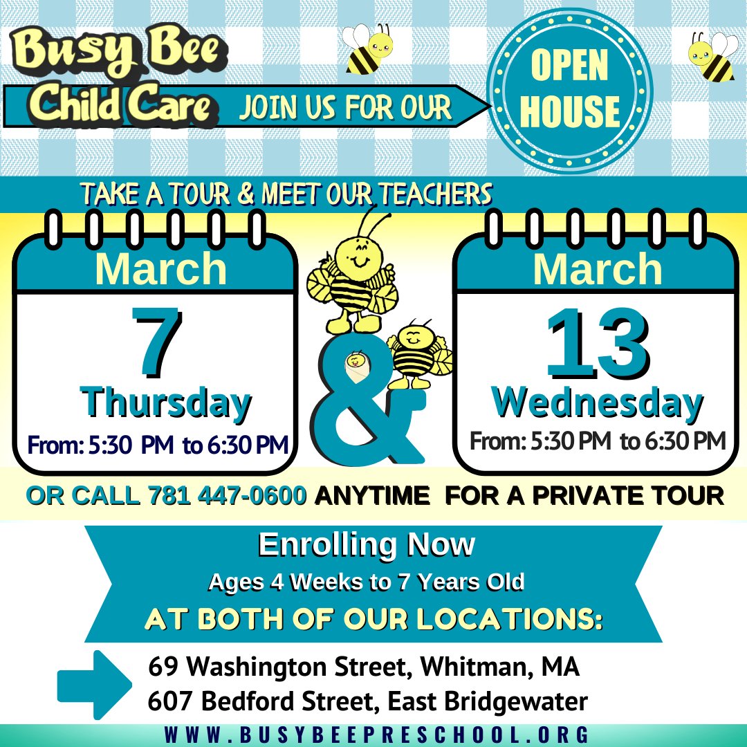 Looking for quality child care?  Come see what all the buzz is about!  Visit our Open House at our Whitman and E. Bridgewater schools, or call 781-447-0600 for a private tour! #qualitychildcare #openthouse #whitman #ebridgewater
