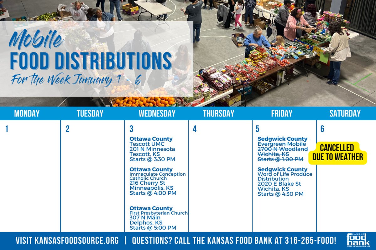 The drive-thru mobile distribution at Evergreen Park on Friday has been cancelled out of an abundance of caution due to the forecasted snowstorm. Find a complete listing of all upcoming mobiles in Wichita at kansasfoodbank.org/ictmobiles.