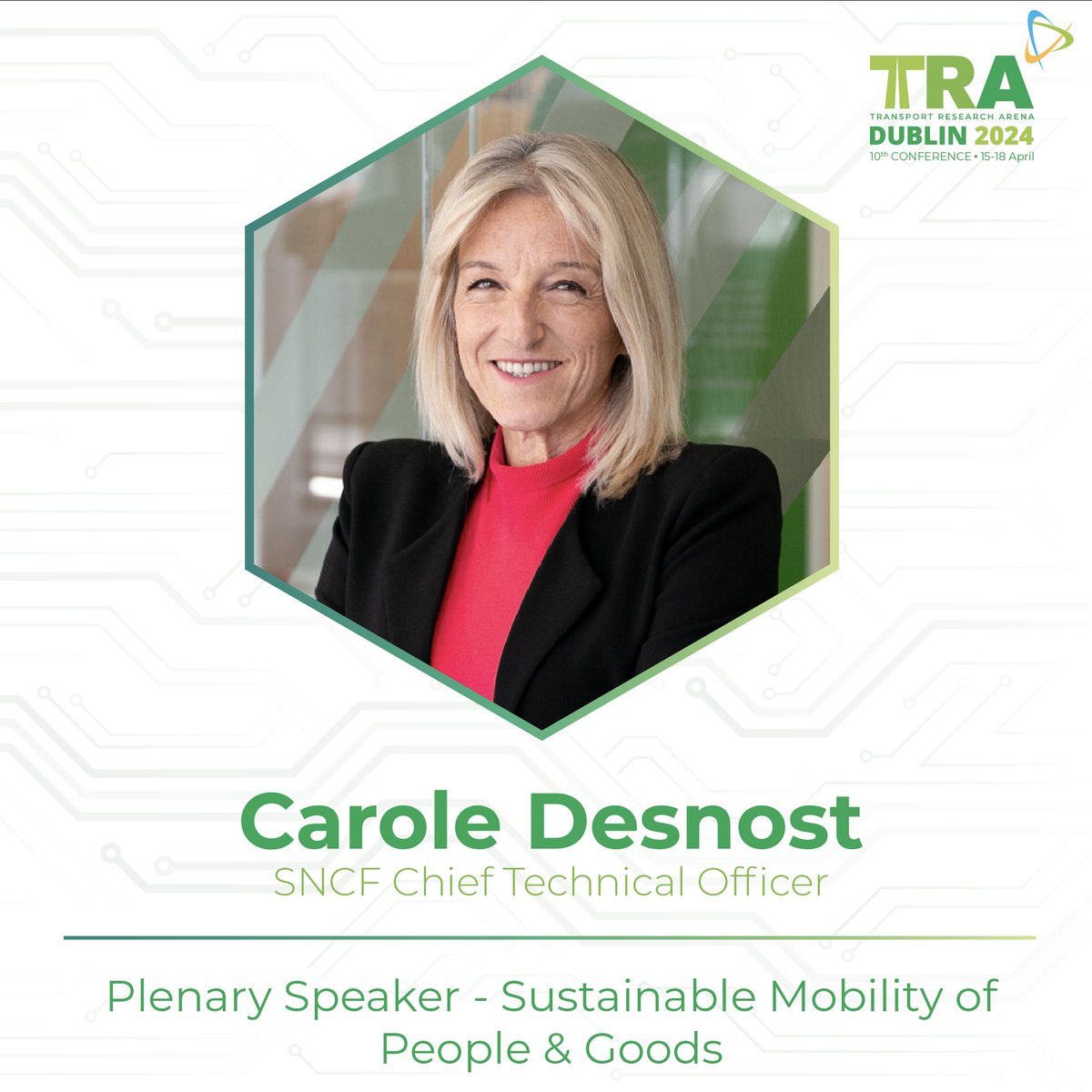 Carole Desnost is one of our Plenary Speakers on "Sustainable Mobility of People &amp; Goods" at #TRA2024 in #Dublin! Carole is the Chief Technical Officer at <a href="/GroupeSNCF/">Groupe SNCF</a>. You can hear from Carole and many other amazing speakers by registering today: traconference.eu/registration/