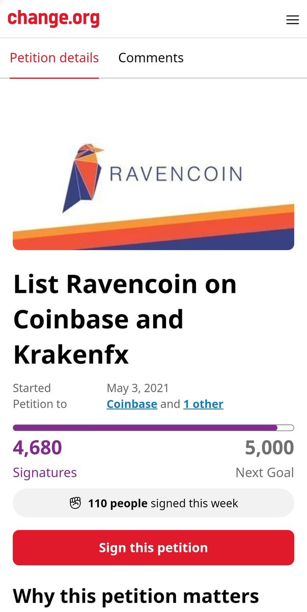 RavencoinAssets's tweet photo. Will you sign this petition to help #RVN? 

We're almost at 5,000 signatures! 🚀

It is important to note that @Ravencoin had a fair launch, no ICO, &amp; is definitely not a security.

This makes RVN a great coin listing for any exchange. @coinbase @krakenfx @zosegal @DavidLRipley https://t.co/OFQraa0XCe