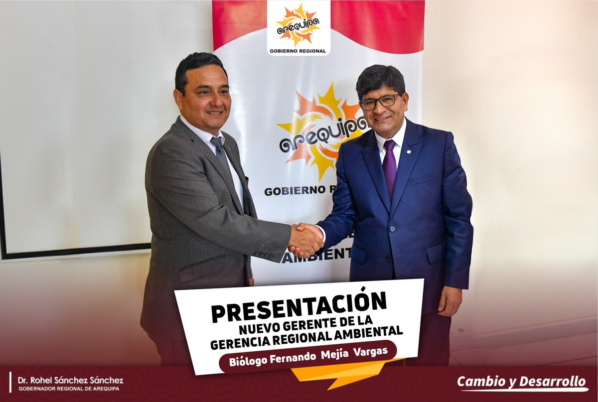 AmbienteAQP's tweet photo. ((📷)) BLGO. FERNANDO MEJIA VARGAS FUE DESIGNADO GERENTE REGIONAL AMBIENTAL DE AREQUIPA
📷 Mediante Resolución Ejecutiva Regional N°720-2023-GRA/GR, suscrita por el Gobernador Regional Dr. Rohel Sánchez Sánchez, designan a partir del 01 de enero del 2024, al  Blgo. Fernando. https://t.co/8fFiLpiCKi