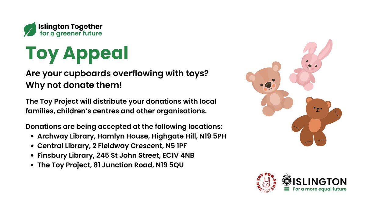 🏠 Declutter with purpose!❤️ @IslingtonBC and @theTOYprojectuk invite you to donate unwanted toys at #Archway, Central, and #Finsbury libraries. Help make homes happier and spread the joy of play. Every toy counts! @Islingtonlibs