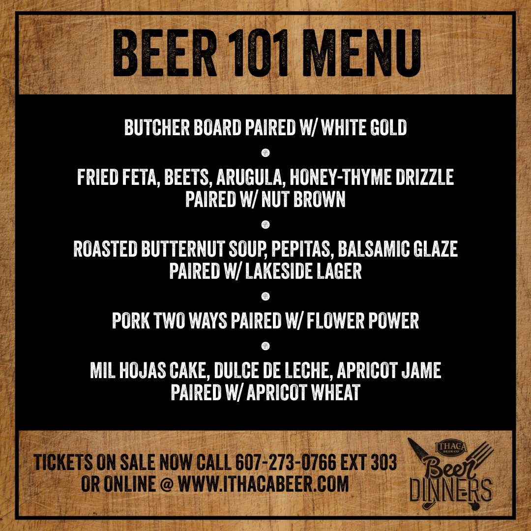 No plans on January 11th? Come to IBC for our first beer dinner of the season! ☃️

🍻 Beer 101 will occur on January 11th from 6-8 pm at our Brewery Taproom! To purchase tickets, visit our website or call 607-273-0766 at EXT 303