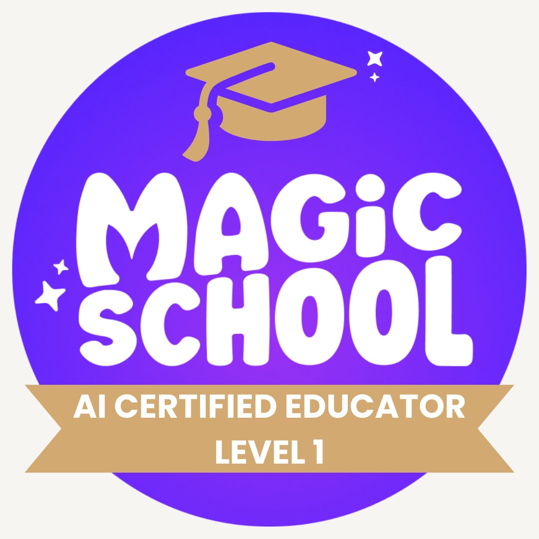 Super excited to have completed the MagicSchool AI Certification Course (Level 1). I cannot wait to see how I can use it in the library and teaching research to my students! <a href="/magicschoolai/">MagicSchool AI 💜 🪄✨</a> #teacherlibrarian #librarian #ai