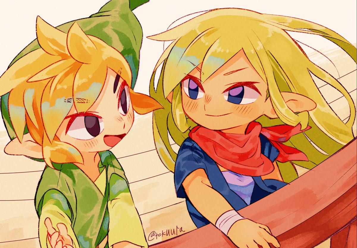 link ,toon link 1girl blonde hair 1boy blush blue eyes green headwear neckerchief  illustration images