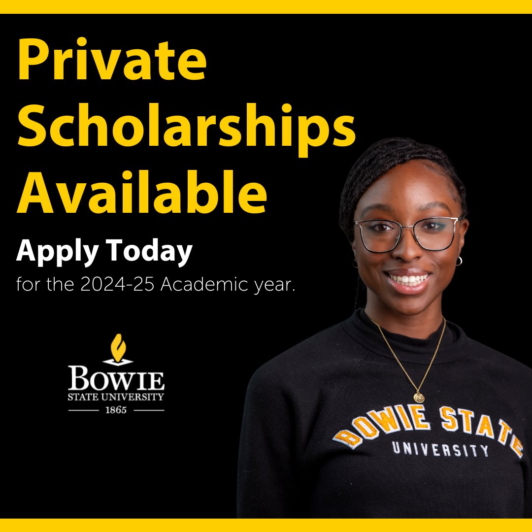 Hey Bulldogs! The BSU Private Scholarship application is open until Feb 15, 2024. Find out more information about BSU scholarships and explore additional options for a brighter future! Apply today at bowiestate.edu/scholarships.