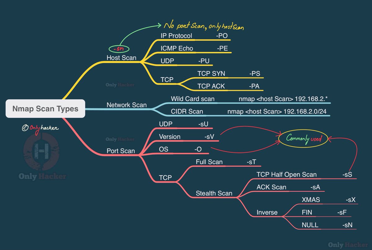 santiagohramos's tweet photo. Nmap es una de las herramientas más utilizadas para Hacking Ético y Ciberseguridad. 

A continuación os dejo un diagrama sencillo pero muy descriptivo de sus opciones principales. https://t.co/ybnTmIb3WS