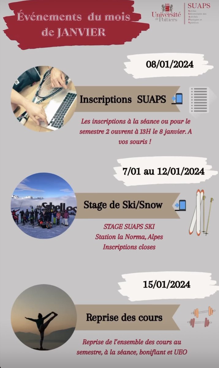 SUAPSPoitiers's tweet photo. [SUAPS] Inscriptions 2e semestre 👉 ouverture du serveur lundi 08/01 à 13h ✅
Début des cours le 15/01.
https://t.co/gzSW2R34jN
#cvec #suaps #univpoitiers https://t.co/5ooHTvH5ko