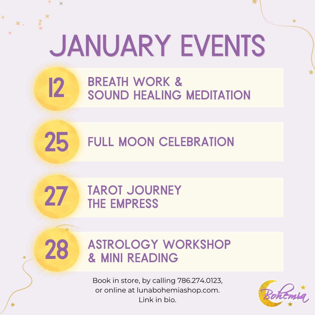 LunaBohemiaShop's tweet image. Kick off the New Year with positive energy and magical vibes! Luna Bohemia has a spectacular lineup of events for January that will ignite your spirit and set the tone for a successful 2024! 

🌐 lunabohemiashop.com

#LunaBohemiaShop #LunaBohemiaEvents #MiamiEvents