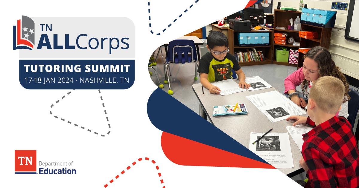 REMINDER: ALL Tennessee school districts are invited to the #TNALLCorps Tutoring Summit, happening January 17-18 in Nashville, to discover and share best practices around tutoring! Register today here: ow.ly/SxBL50QnOLS