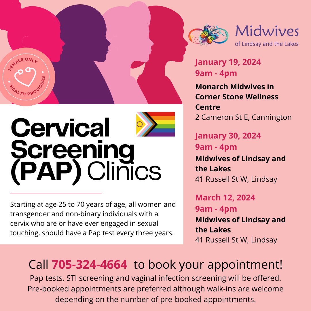 klhoht's tweet photo. Are you due for a Pap test? 

There are a number of upcoming Pap clinics in Cannington and Lindsay over the next couple months. Call the Midwives of Lindsay and the Lakes at 705-324-4664 to book your appointment for a Pap test today! https://t.co/dqy5O0JjUz