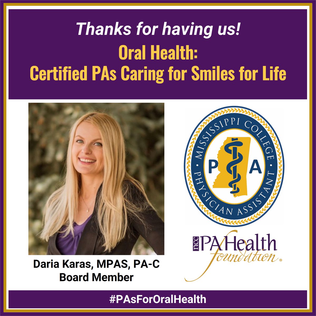 Thanks to the @MissCollege PA program for having us to share what #CertifiedPAs can do to address #OralHealth. If you’re interested in a presentation, email us at ContactUs@nccPAHealthFoundation.net. 
#PAsDoThat #PAStudent #PAeducator #PAsforOralHealth #OralHealthIsHealth