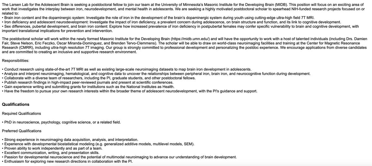 🧠💡Postdoc opportunity! 
Interested in:
📈Adolescent neurodevelopment
🧲7T neuroimaging
🧬 Biological influences on brain dev

Join our team at <a href="/UMN_MIDB/">MIDB</a> to investigate the interplay between iron, neurodevelopment, and mental health in adolescence!👇
hr.myu.umn.edu/jobs/ext/359119