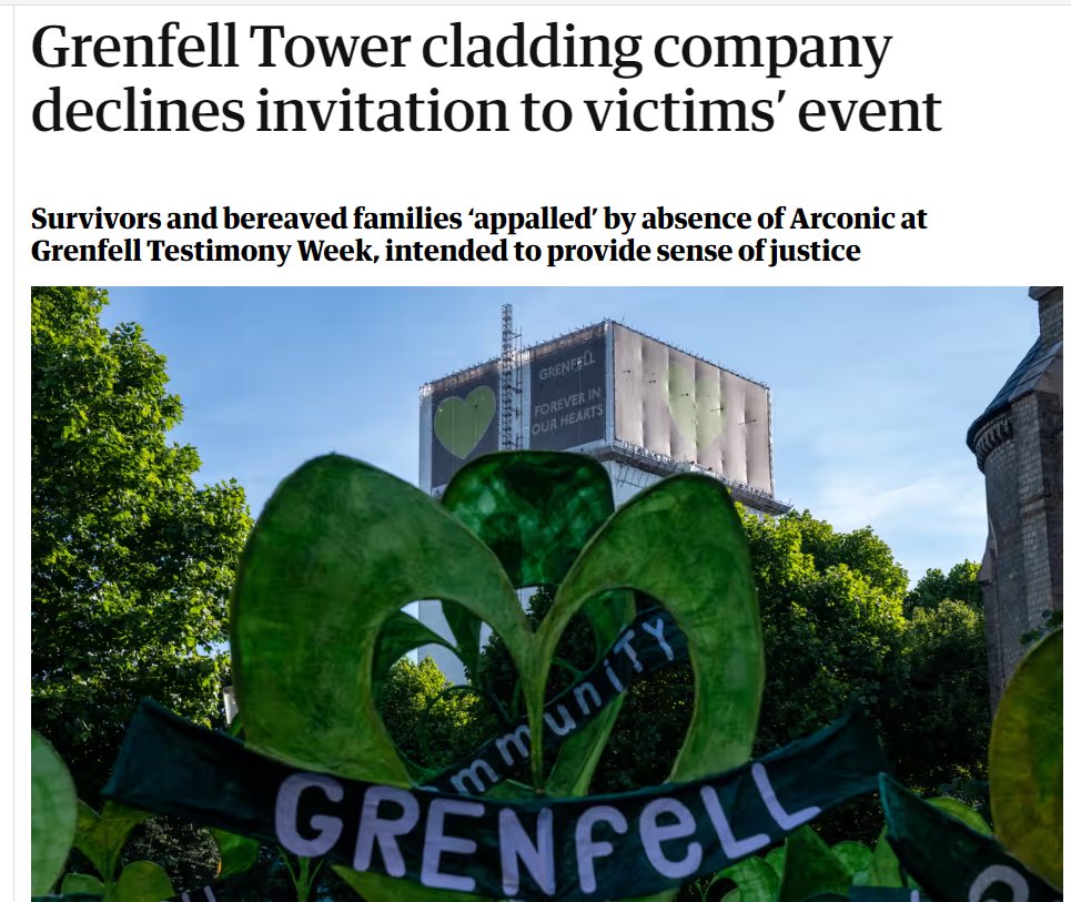 Arconic - the multi-billion pound US headquartered company which made the cladding identified as the 'primary cause' of the rapid fire spread at Grenfell Tower - won't attend a 'Testimony Week' of bereaved and survivors theguardian.com/uk-news/2024/j…