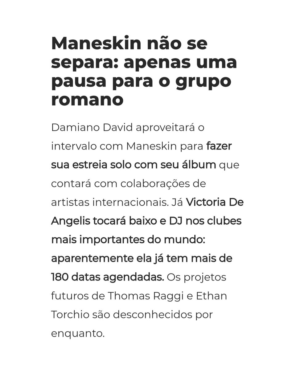 portalmaneskin's tweet photo. RUMOR | O jornal italiano Corriere dello Sport afirma que, durante o período de férias, o Måneskin não irá se separar - mas Damiano e Victoria devem tirar esse tempo para focar em outros projetos.

A notícia ainda não foi confirmada pelos integrantes. 
🖇 | https://t.co/TqbWAmunKO