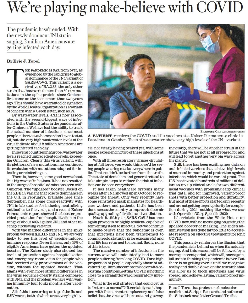 From ⁦@EricTopol⁩. 2 million Americans are being infected daily with #JN.1, largest wave since Omicron. While not causing a hospital surge, many will suffer from #LongCOVID. Vax offers significant protections yet US uptake is less than 20%. What will it take to do better?