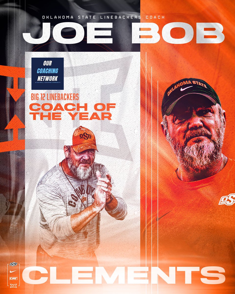 CowboyFB's tweet photo. Congratulations to @joebobclements on being named Big 12 Linebackers Coach of the year by @OurCoachingNet 🤠

#GoPokes | #DAT https://t.co/TJ3wqMER5C