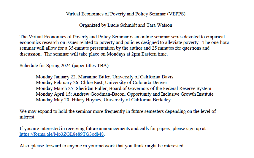 .@taraelizwatson & I are excited to announce a new Virtual Economics of Poverty and Policy Seminar (VEPPS) Spring 2024 speakers include @mpbitler @ChloeNEast @sheridan_fuller @agoodmanbacon & @HilaryHoynes Sign up for more info at forms.gle/Mp3ZGL8e89TG3o…